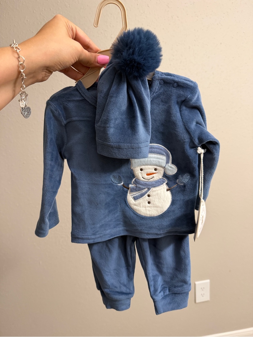 Blue Kids Plush Snowman Matching Set with Pom Hat